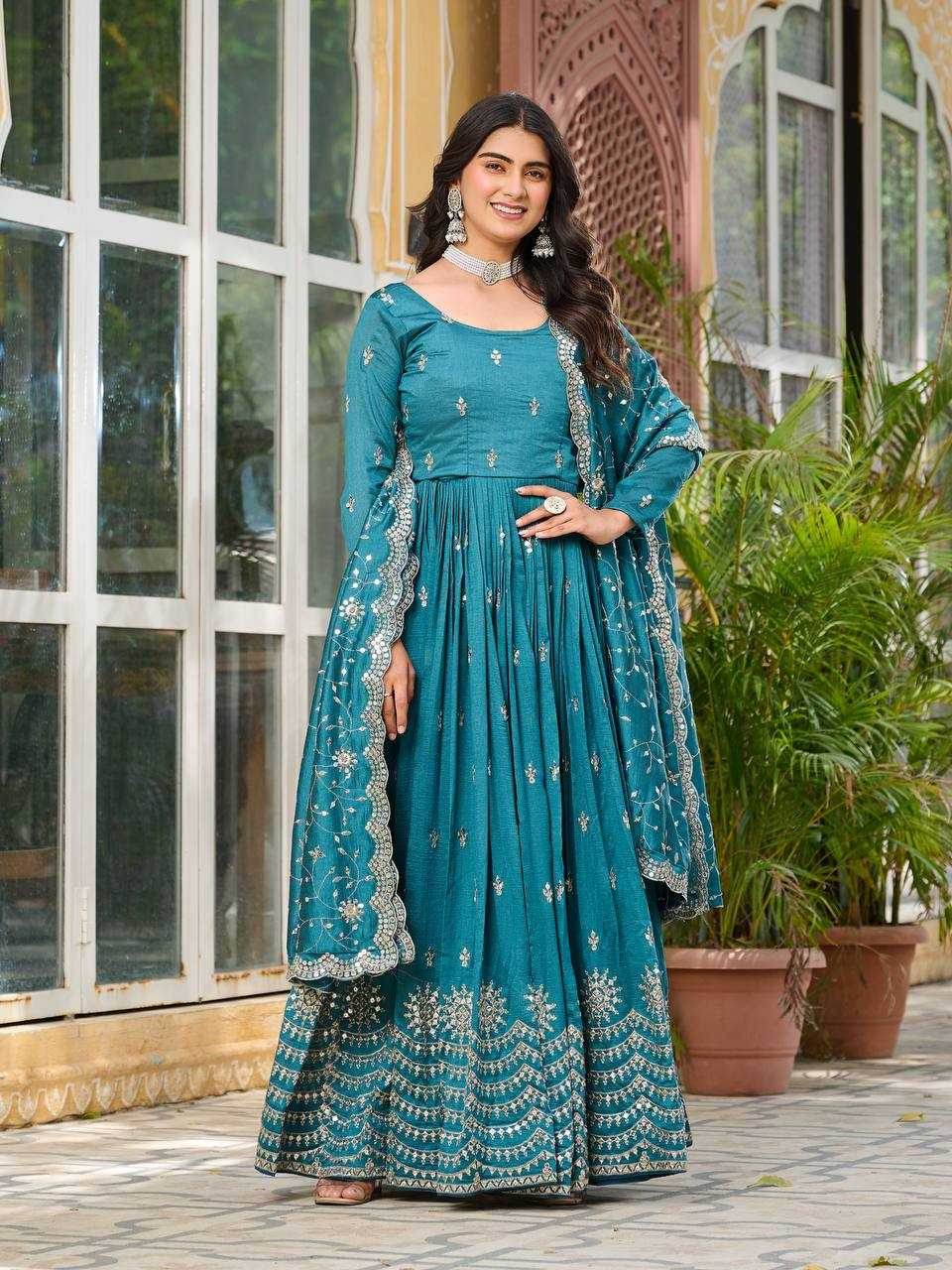 Vichitra Silk Embroidery Long Gowns - MYLUXURY LANE ENTERPRISE